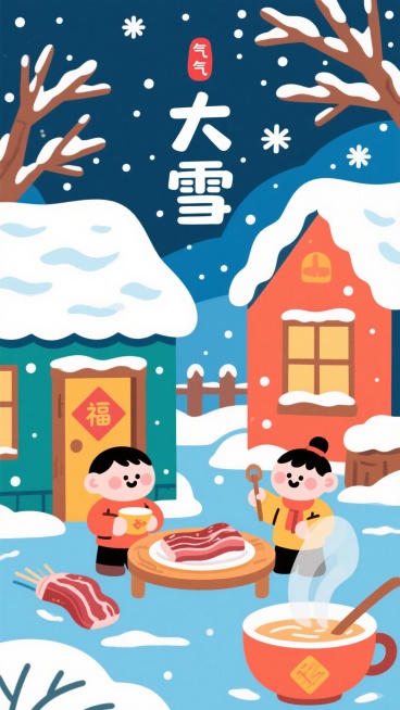 扁平插画风格，大雪节气主题海报，画面中展示大雪节气的传统习俗，如赏雪、腌肉、喝暖汤，背景有覆盖厚厚白雪的房屋和树枝，天空飘着雪花，中央有“大雪”主题文字，减少人物数量，保持简洁可爱的卡通风格预览效果