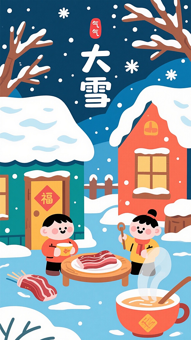 扁平插画风格，大雪节气主题海报，画面中展示大雪节气的传统习俗，如赏雪、腌肉、喝暖汤，背景有覆盖厚厚白雪的房屋和树枝，天空飘着雪花，中央有“大雪”主题文字，减少人物数量，保持简洁可爱的卡通风格