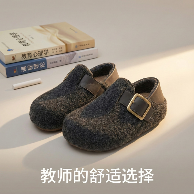 视觉构成：

主体： 一双勃肯鞋呈自然摆放状态，占据画面中央约60%的面积。鞋子材质清晰可见，体现“真实”感。

背景： 采用柔和的米白色或浅灰色渐变，营造干净、专业的氛围。

教师元素： 在鞋子后方预览效果