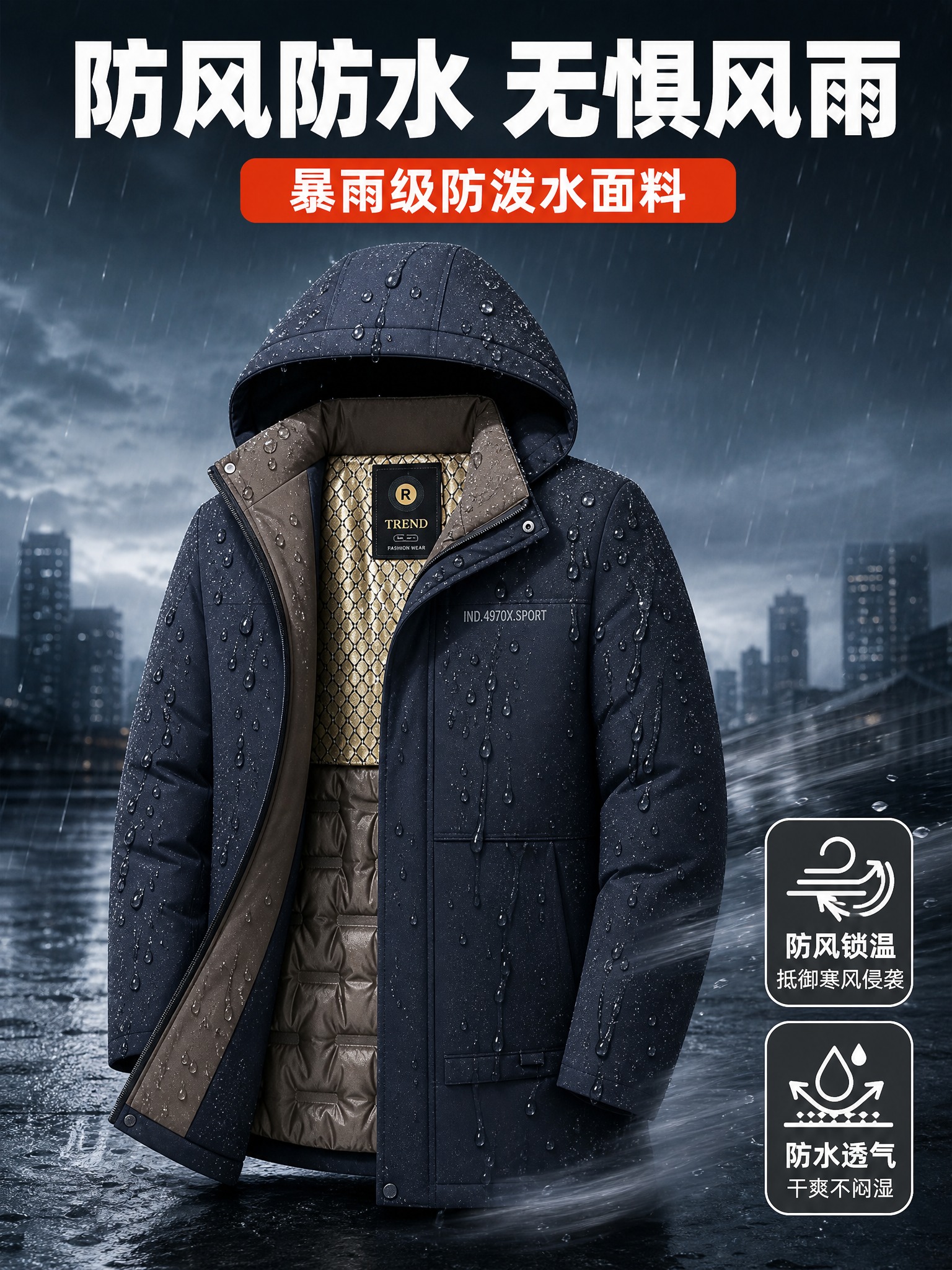 [主图-5] 藏青色老爷车男士中长款连帽棉服防风防水功能演示图… - 图片创意预览