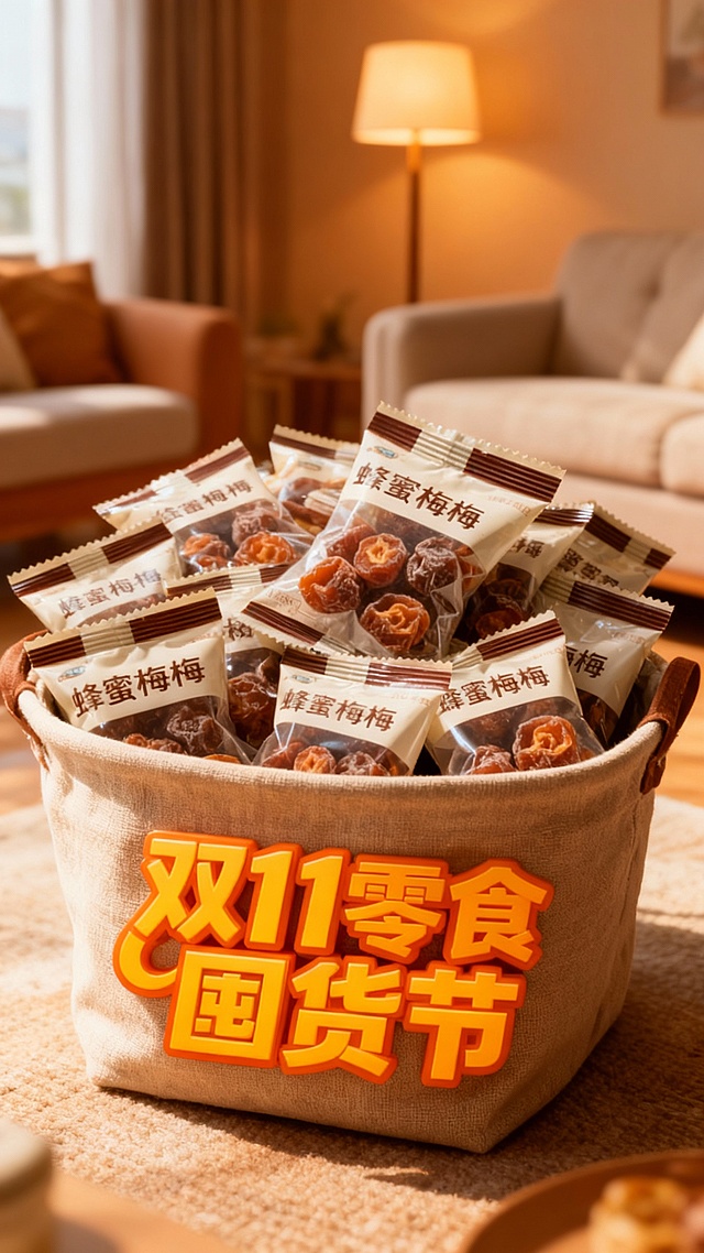 暖色调实景家居场景，双色设计风搭配大字风标题，面料质感收纳桶盛满蜂蜜梅梅，营造温馨舒适促销氛围，呼应双11零食囤货节主题。