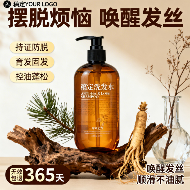 商业摄影电商主图，8K超高清，琥珀色按压瓶防脱洗发水，瓶身印有“稿定洗发水”“ANTI-HAIR LOSS SHAMPOO”及草本配方说明，搭配黑色按压泵头，置于风化枯木之上，左侧搭配松枝，右侧搭配人预览效果