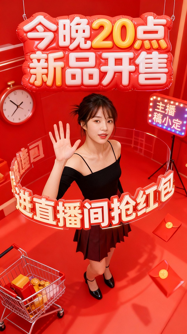 3D充气风大字搭配霓虹灯效，红金配色营造喜庆促销氛围，主播互动引导直播抢红包，视觉冲击力强，节日感十足。