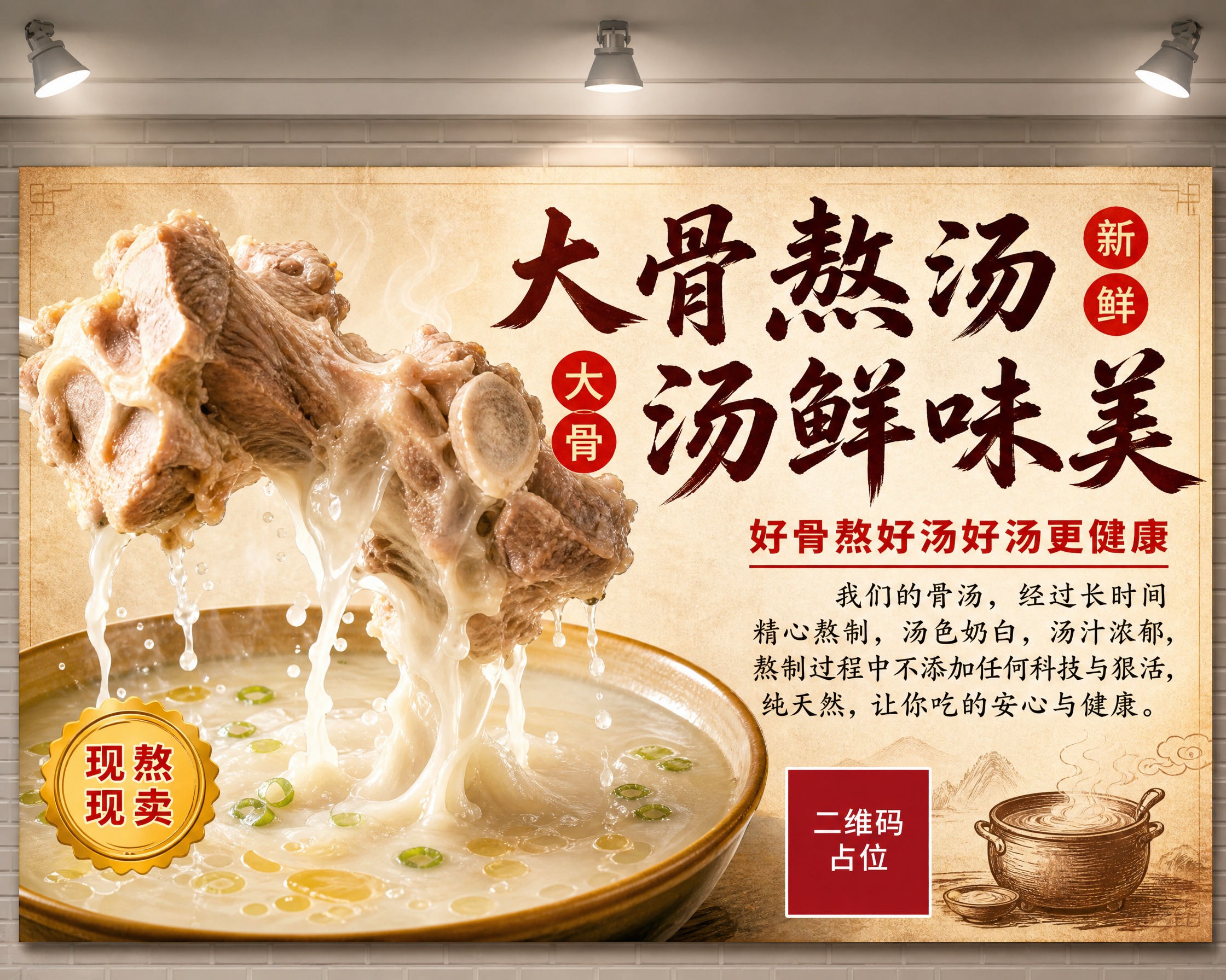 大骨熬汤美食海报，横向比例5:4（100×80cm横版）。参考… - 图片创意预览