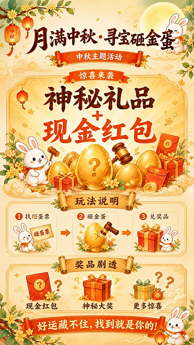 将海报中卷轴上的"拍拍职场中秋主题活动"文字中的"拍拍职场"四个字删除，修改为"中秋主题活动"，其余所有画面内容、风格、布局、文字完全保持不变