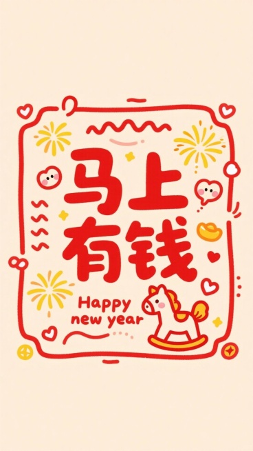 画面中心是红色艺术字“马上有钱”，边框点缀黄色烟花图案、卡通小马简笔画，文字“Happy new year” ，搭配波浪线、爱心的可爱装饰元素，以暖米色为底色，红色为主装饰色预览效果
