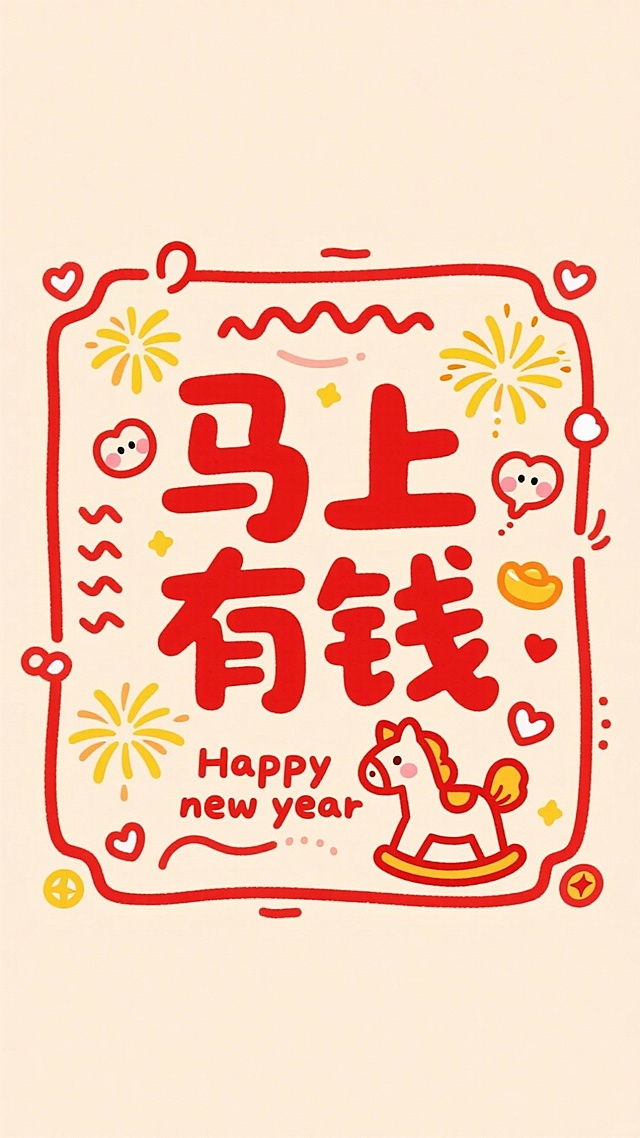 画面中心是红色艺术字“马上有钱”，边框点缀黄色烟花图案、卡通小马简笔画，文字“Happy new year” ，搭配波浪线、爱心的可爱装饰元素，以暖米色为底色，红色为主装饰色