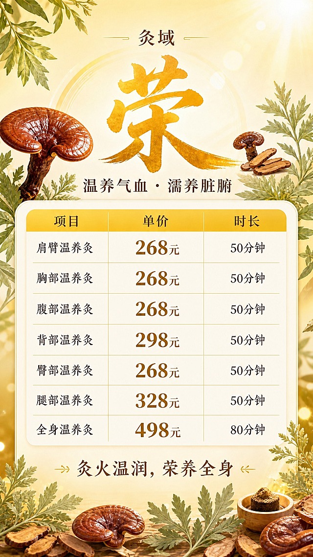 基于参考图修改，保持整体嫩黄色暖调、灸域品牌、荣字大标题、温养气血濡养脏腑副标题、三列表格（项目/单价/时长）、7项温养灸内容、底部灸火温润荣养全身短句全部不变。将画面中所有的菊花/金盏花替换为灵芝：左上角大菊花换成一朵完整的赤灵芝（带菌柄，棕褐色带光泽），右侧小菊花换成小灵芝和灵芝切片，底部的菊花全部替换为灵芝片、整朵灵芝和艾草叶组合，右下角小木碗里保留艾绒/灸材。整体保持温暖生机、养生滋补的氛围，灵芝元素自然融入画面，不破坏原有构图和排版。