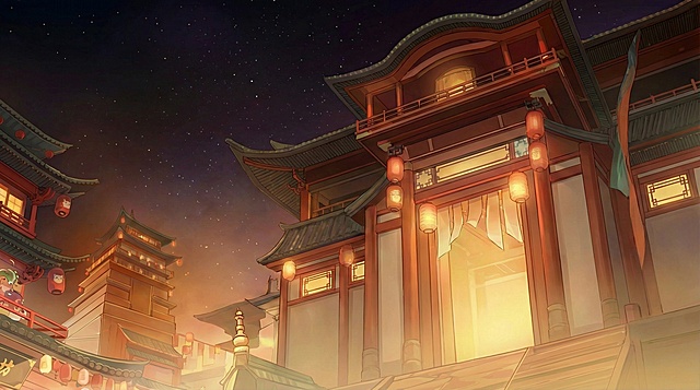 帮我去掉图中天空中的烟花和灯，让天空变得干净一点，还有去除前面的围栏，最后把建筑的样式换成中国风格的建筑