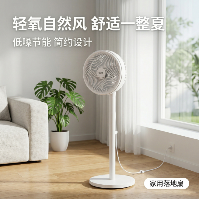 [主图1] 首图客厅场景展示：白色落地电风扇产品外观保持与原图100%一致，放置在明亮现代简约客厅靠窗位置，柔和自然光从侧面射入，整体氛围清新凉爽干净。主标题 "轻氧自然风 舒适一整夏" 位于画面左上预览效果