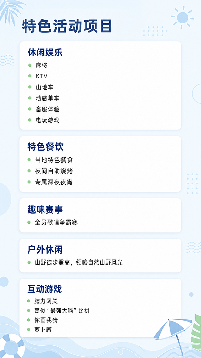 [第4屏] 上海嘉俊2026年年中团建特色活动项目介绍页。本屏功能分类展示所有团建特色活动，方便大家了解。[氛围/风格] 活泼轻松夏日风，淡蓝色背景，分板块卡片设计，活泼不失整洁。[元素布局] 顶部放置小标题，下方分五个板块展示不同类型的活动：休闲娱乐、特色餐饮、趣味赛事、户外休闲、互动游戏，每个活动类型用一个浅白色卡片，卡片内标题突出，项目列表清晰展示，卡片之间均匀留白，整体不拥挤。[光影质感] 均匀柔和光线，卡片有轻微阴影增加层次感，文字清晰锐利。[配色色系] 全局底色：#F0F8FF；卡片底色：#FFFFFF；板块标题颜色：#1E579B（深蓝）；正文颜色：#333333；项目符号用浅绿小圆点点缀。[视角构图] 9:16竖版流式排版，从上到下分板块排列，符合手机阅读顺序。[文字版式] 顶部标题“特色活动项目”，深蓝粗体左对齐。每个板块内：第一行是板块标题，深蓝加粗，下方是项目列表：休闲娱乐：麻将、KTV、山地车、动感单车、畲服体验、电玩游戏；特色餐饮：当地特色餐食、夜间自助烧烤、专属深夜夜宵；趣味赛事：全员歌唱争霸赛；户外休闲：山野徒步登高，领略自然山野风光；互动游戏：脑力闯关、嘉俊“最强大脑”比拼、你画我猜、萝卜蹲。行间距适中，每个项目清晰易读，文字不挤边。[比例分辨率] 9:16竖版，4K分辨率，文字清晰可辨。[负向提示词] 项目遗漏，文字重叠，排版混乱，错字漏字，颜色失真，背景杂乱。