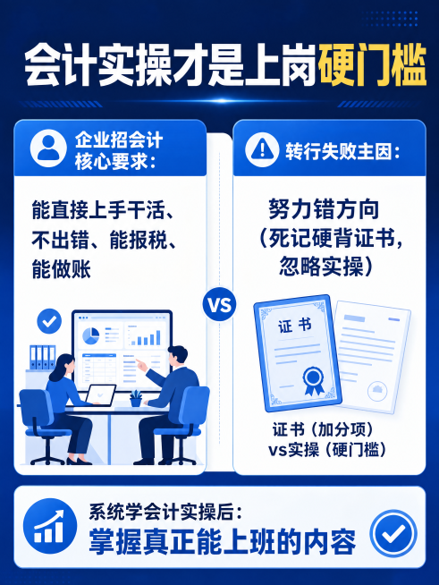 基于参考图重新生成海报，保持所有文字内容不变，仅修改文字排版、插图和背景颜色。整体色调以蓝色为主，背景使用深蓝色渐变，保持清晰干净的视觉效果。保留所有原始文案：主标题"会计实操才是上岗硬门槛"，左侧"预览效果