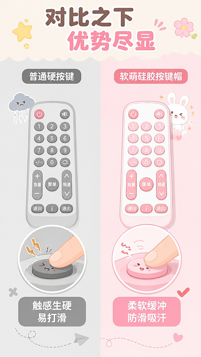 [第6屏] 对比优势屏，普通硬塑料按键帽 vs 本款柔软硅胶按键帽对比。
[氛围/风格] Q版软萌卡通，扁平插画，温柔治愈，ins可爱风
[元素布局] 画面左右清晰分栏，左侧普通方案标注“普通硬按键”，对应痛点“触感生硬 易打滑”，右侧本款产品标注“软萌硅胶按键帽”，对应优势“柔软缓冲 防滑吸汗”，保持本款产品结构颜色与原图一致；软萌色块分割，添加装饰元素
[光影质感] 两侧光影一致，柔和均匀
[配色色系] 左侧浅灰底，右侧马卡龙浅粉底，整体统一浅色系
[视角构图] 左右对称对比排版，信息一目了然
[文字版式] 顶部主标题“对比之下 优势尽显”，左右分栏标题明确，优势痛点短句说明，文字大小适中清晰
[比例分辨率] 9:16竖版，4K分辨率，高清画质
[负向提示词] 对比混淆，文字错乱，颜色突兀，产品变形