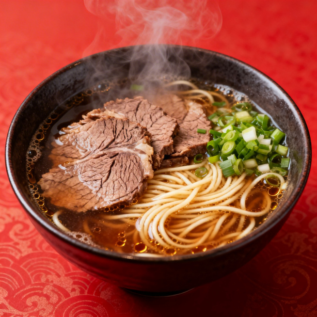 一碗热气腾腾的牛肉面，整体带有红色底纹，色彩浓郁，画面清晰诱人，呈现出美食的质感预览效果