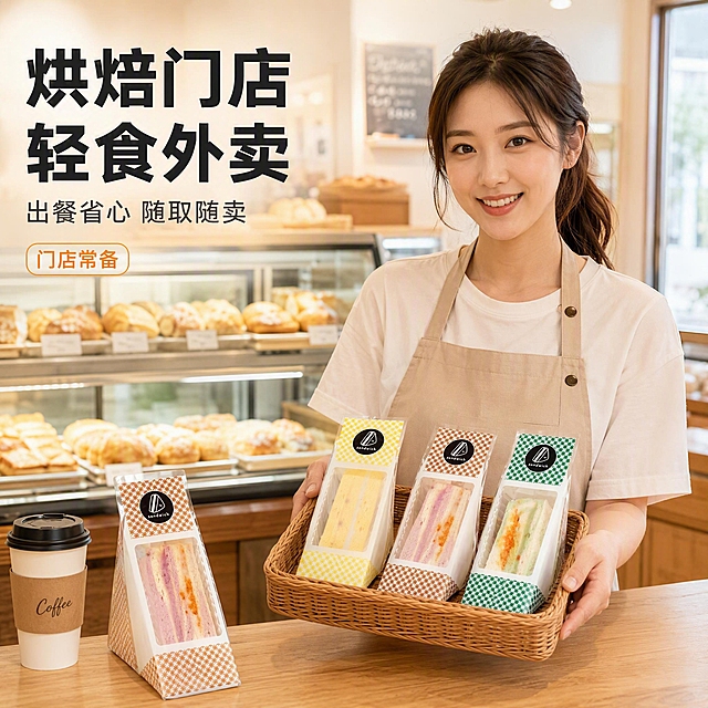 [主图-4] 真实场景使用图，烘焙店轻食外卖场景，体现门店常备、出餐高效。
[统一基调] 拼多多平台 1:1 电商主图；整体明亮通透的浅暖白奶油色背景基调，商业美食摄影质感；主标题统一使用粗黑无衬线字体、深炭色大字，强调色统一为橙黄色，辅助文字统一深灰小号无衬线字体；全套统一细边框小标签与圆角信息卡组件，标题与背景强对比，文字横排不竖排。
[画面] 明亮烘焙店柜台场景：一位约三十岁亚洲女性店员穿着米色围裙，双手端一个藤编托盘，托盘内整齐放着黄色和绿色印花包装的三明治，柜台上另放一份棕橙色印花包装三明治和一杯咖啡，背景虚化露出暖色面包展示柜；产品严格保持三款印花包装原有颜色、白色印花纹样、三角袋形、高透窗口和顶部黑色圆形三明治标签不变，不出现透明无印花包装；人物手指自然完整。
[光影质感] 自然窗光加柔和柜台光，温暖生活感，托盘、手部与产品接触关系真实，不悬浮不穿模。
[配色] 浅暖白和原木暖色场景，人物围裙米色；主标题深炭色，小标签橙黄色。
[文字版式] 左上角大字标题"烘焙门店 轻食外卖"横排粗黑体深炭色；下方一行小字"出餐省心 随取随卖"；右下角细边框小标签"门店常备"；文字不遮挡人脸与产品，不出现旧图横幅Logo。
[输出要求] 1:1 方形构图，人物自然无畸形手，文字清晰无错别字，产品外观颜色不变，禁止透明无印花款、旧图文字、平台Logo、错字、模糊。