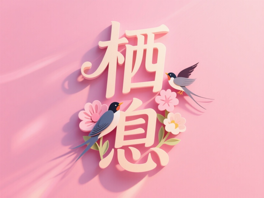 竖向浅色文字"栖息"，线条流畅，纸雕艺术字。创意字体设计点缀两只喜鹊、花朵元素，童趣活泼。粉色背景，浪漫七夕氛围。预览效果
