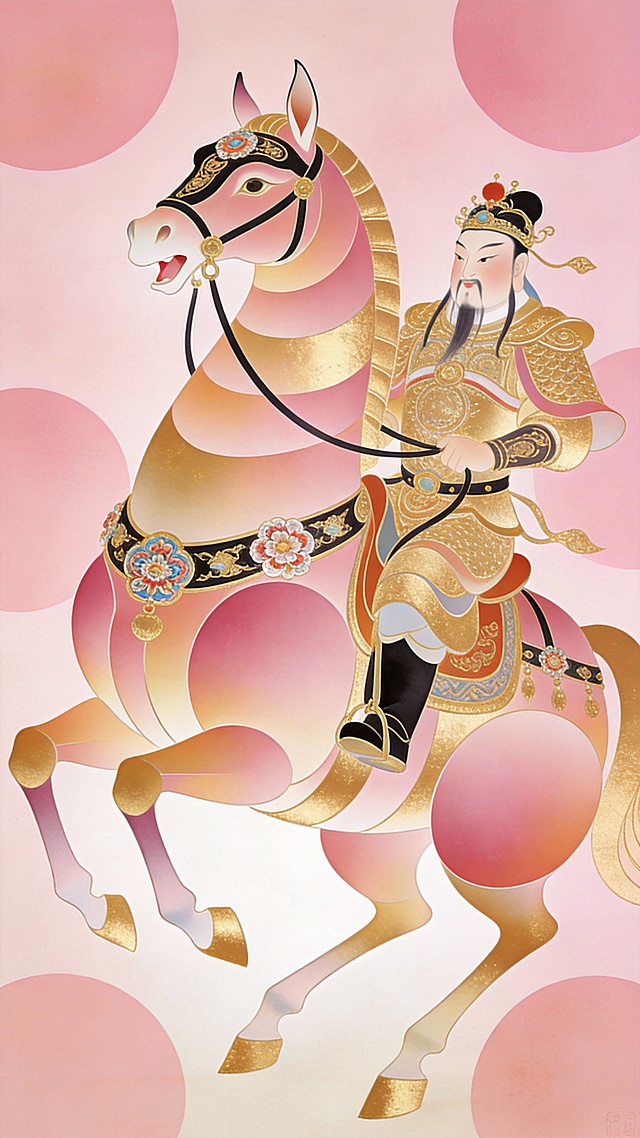 中国动物装饰画大师杰作，抽象曲面装饰画，韩美林的风格，华贵庄重的唐马，奔跑，一个财神骑在马上，静态的雍容华贵，柔美色块构成，嫩粉嫩金系，叠加多个不规则弧形色块组成的唐马，头小颈细，昂头竖耳，微张着嘴，胸肌健硕，躯干夸张，造型饱满，腿短纤细，体态圆润健硕，臀部浑圆，膘肥体健，矫健饱满，凸显盛唐富贵温润余韵，夸张的修长造型，流线的渐变色块，华丽的装饰马具（头套、胸甲、缰绳、马鞍），马具上的中国传统纹样