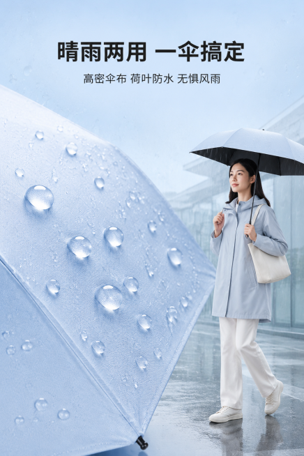 严格还原上传的超轻防晒迷你铅笔伞产品图，包括包装设计、颜色、LOGO位置、文字内容、图案元素等所有细节，产品尺寸为小巧迷你铅笔伞款式，尺寸比例保持1:1；整体延续马卡龙清新风，背景为浅天蓝色（#B4D预览效果