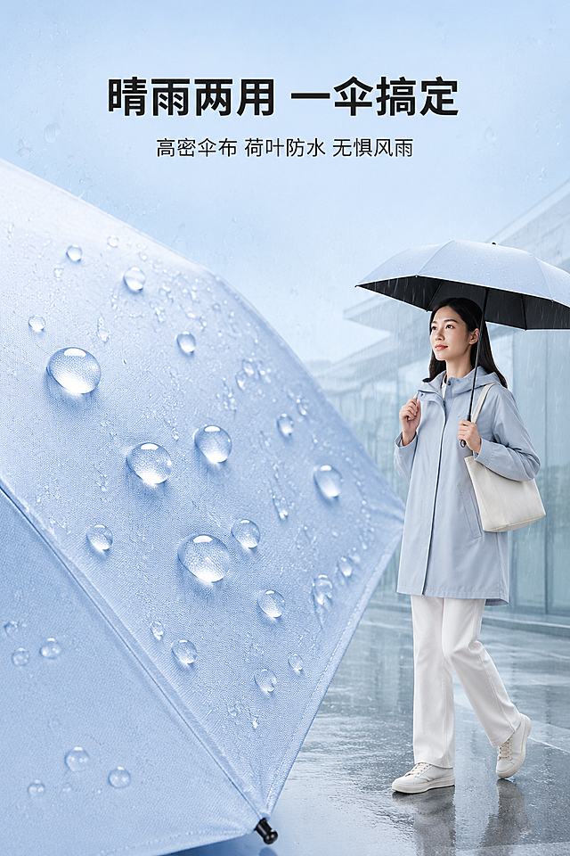 严格还原上传的超轻防晒迷你铅笔伞产品图，包括包装设计、颜色、LOGO位置、文字内容、图案元素等所有细节，产品尺寸为小巧迷你铅笔伞款式，尺寸比例保持1:1；整体延续马卡龙清新风，背景为浅天蓝色（#B4D8F0），搭配淡淡的水滴纹理，模拟雨天氛围；画面主体为产品伞布防水效果特写（水滴落在伞布上形成水珠，呈现荷叶效应，水珠晶莹剔透），右侧搭配模特雨天撑伞通勤场景（浅色系雨衣，姿态自然）；主标题采用无衬线极简文字，居中对齐，内容为"晴雨两用 一伞搞定"，副标题为"高密伞布 荷叶防水 无惧风雨"，字体纤细，大小层级分明；信息布局：伞布防水特写占据画面左侧2/3，模特雨天场景位于右侧1/3，标题位于画面上方，底部无多余文字；水滴细节清晰，伞布质感通透，雨天场景氛围柔和，色调统一，通过特写+场景结合，直观呈现防水卖点，排版简洁高级，符合整体视觉风格。