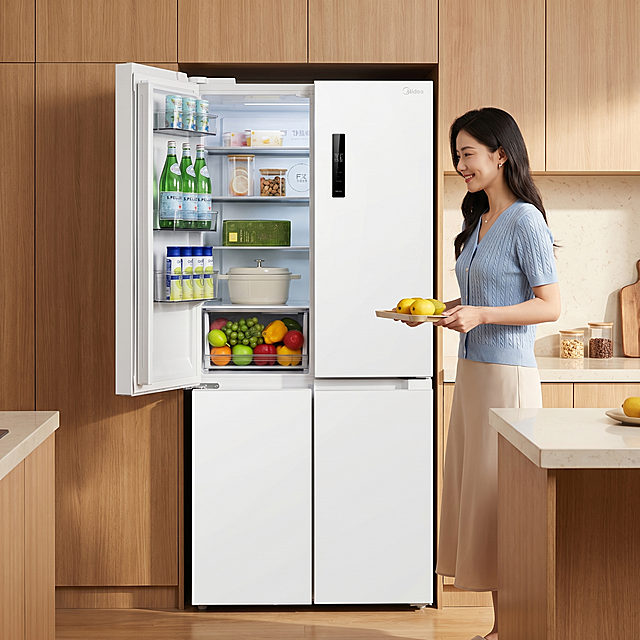 商业摄影，美的冰箱，海贝白配色，十字对开门设计，左柜门呈 90° 平开展示内部。场景为现代简约原木风厨房，浅棕色木纹柜体搭配米白色石英石台面。画面右侧站着一位气质优雅的东亚女性，身穿浅蓝色针织短袖与米白色半身长裙，手持黄色水果与托盘，面带微笑看向冰箱内部，呈现出温馨、治愈的生活气息。
