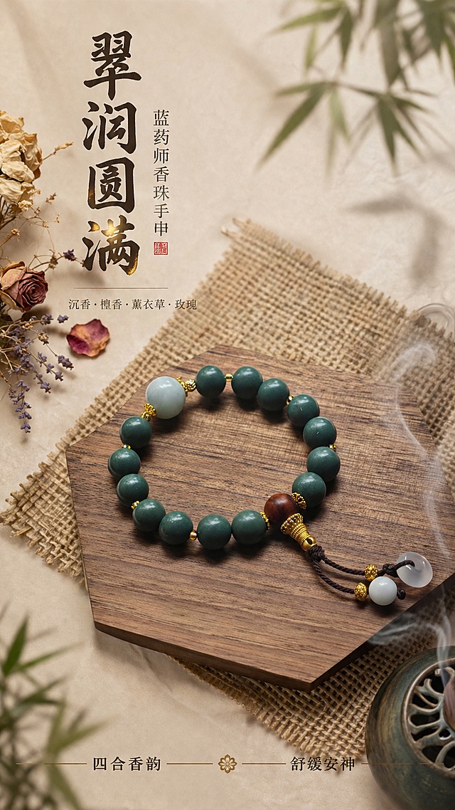 [第1屏] 详情页头图-蓝药师翠润圆满手串主视觉海报。本屏使用【图1】作为商品主体，保持手串的翠绿色圆珠、白玉配珠、棕色檀木佛头、金色隔片与白玉平安扣流苏的物理结构、比例轮廓、材质质感、颜色色号与输入图完全一致。
[氛围/风格] 东方禅意雅致风，温润柔光，新中式美学，商业摄影质感，静谧高级。
[元素布局] 手串置于画面中央偏下，占比约55%-60%，平放在深胡桃木六边形台面上；背景为米白色宣纸纹理与粗麻布叠层，左上散落几片干枯玫瑰花瓣与薰衣草穗，右下有一缕淡淡青烟袅袅升起；前景有虚化的竹叶剪影；手串珠体圆润饱满，翠绿色温润如玉，金色隔片光泽细腻，白玉配珠通透温润。
[光影质感] 左上方45°柔光主光源，右侧辅光补亮暗部，底部柔和投影，整体光线温润均匀，珠体表面有自然高光点，质感通透。
[配色色系] 全局底色 #F5F1E8（米白宣纸色）；主色翠绿、米白；辅助色深胡桃木棕、金色点缀、淡紫薰衣草。
[视角构图] 正面微俯视45°，浅景深，背景虚化突出手串主体，阅读动线左上标题 → 中央手串 → 底部信息条。
[文字版式] 左上标题区竖排+横排结合，主标题「翠润圆满」四字书法体，副标题「蓝药师香珠手串」宋体小字；标题下方一行小字「沉香·檀香·薰衣草·玫瑰」；底部中央信息条，左侧「四合香韵」右侧「舒缓安神」，中间用金色细线分隔；文字颜色深棕近黑，重要词汇烫金点缀；文字不遮挡手串主体。
[比例分辨率] 9:16 竖版比例，4K分辨率，文字清晰可辨，高清画质。
[负向提示词] 手串变形，缺件错件，珠体颜色偏差，结构错误，水印，文字错乱，文字过小，产品图模糊，背景杂乱，人物出现。
