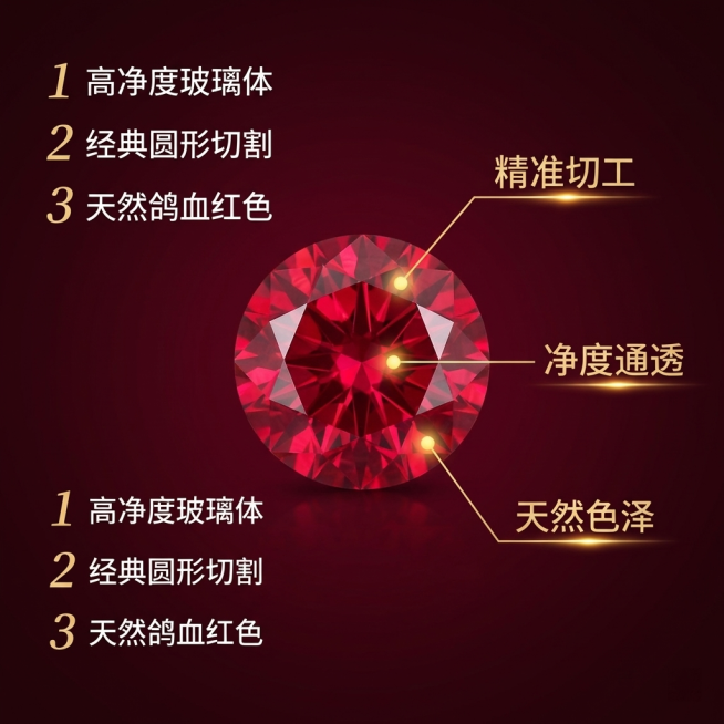 [主图 2] 鸽血红钻石裸石核心亮点展示
[氛围/风格] 奢华高贵，专业珠宝质感，光影对比强烈。
[画面元素] 保留原图钻石外观，钻石主体居中，用细引线标注核心亮点位置：精准切工、净度通透、天然色泽。预览效果