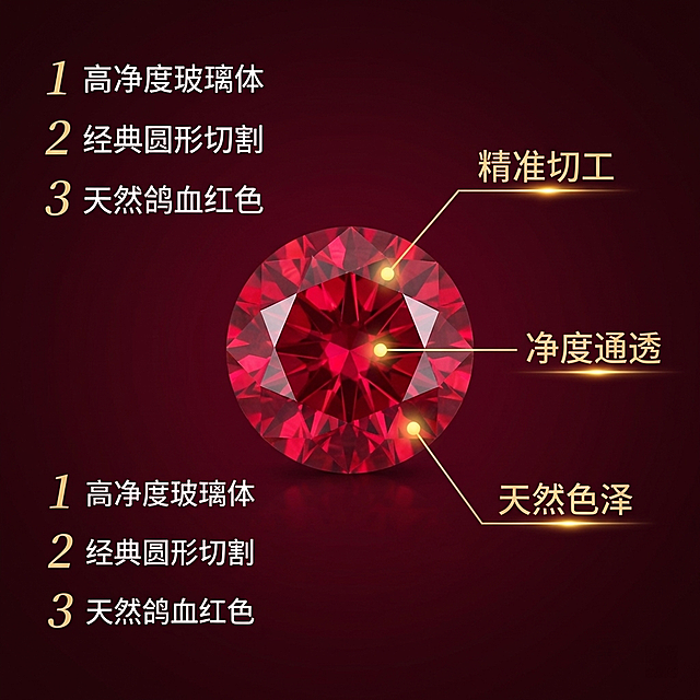 [主图 2] 鸽血红钻石裸石核心亮点展示
[氛围/风格] 奢华高贵，专业珠宝质感，光影对比强烈。
[画面元素] 保留原图钻石外观，钻石主体居中，用细引线标注核心亮点位置：精准切工、净度通透、天然色泽。每个引线端点配光点提示。背景为渐变深邃酒红色，简洁不抢主体，无边框设计。
[配色色系] 主色调：酒红色渐变背景；辅助色：白色文字，金色引线光点。
[视角构图] 居中平视，钻石占据画面核心位置。
[文字版式] 左侧竖向排列三个核心卖点：1 高净度玻璃体 2 经典圆形切割 3 天然鸽血红色。每个卖点用金色序号+白色文字，主卖点字体更大。文字放在留白区域，不遮挡钻石主体。
[比例分辨率] 1:1 比例，2k分辨率。