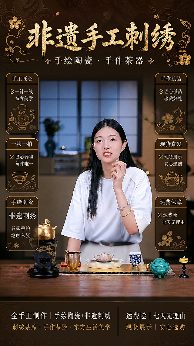 基于参考图（图1：用户直播间实景截图，主播居中、茶席茶器陈列）生成直播间整屏贴片组合效果预览图，9:16竖版，保持参考图直播画面主体不变。在画面上叠加一套东方国风直播间贴片：
顶部贴片（画面上方）：深咖色半透明横条底，主标题“非遗手工刺绣”为最大视觉焦点，字体书法宋体、暗金色、苍劲清晰；其下副标题“手绘陶瓷 · 手作茶器”为小一号米白字；两侧点缀金色刺绣线迹、卷草纹与小花瓣。
左侧竖排贴片（画面左边缘，纵向三张深棕咖色圆角卡片，顶部暗金标题栏白字）：1、“手工匠心”下方米白内容区配金色对勾列“一针一线 东方美学”；2、“一物一拍”下方配“匠心器物 每件唯一”；3、“手绘陶瓷”下方配“非遗刺绣”大字与“名家手绘 笔触入瓷”。卡片细金描边，配陶瓷线描、卷草纹、小花瓣装饰。
右侧竖排贴片（画面右边缘，纵向三张同款深棕咖色圆角卡片，顶部暗金标题栏白字）：1、“手作孤品”下方米白内容区配“匠心孤品 珍藏好礼”；2、“现货直发”下方配“现货展示 安心选购”；3、“运费保障”下方配“运费险 七天无理由”。
底部贴片（画面底部左右两段）：深咖色半透明横带，中间金色竖线分隔；左段米白色主字“全手工制作｜手绘陶瓷+非遗刺绣”，下方小号暗金字“刺绣茶席 · 手作茶器 · 东方生活美学”；右段米白色主字“运费险｜七天无理由”，下方小号暗金字“现货展示｜安心选购”。
整体配色深棕/咖色/暗金/米白，书法宋体与国风标题字，半透明暗底不遮盖主播面部、茶器与商品入口，中部主播区保持通透干净。商业设计质感 画面精致高级 文字清晰锐利。
