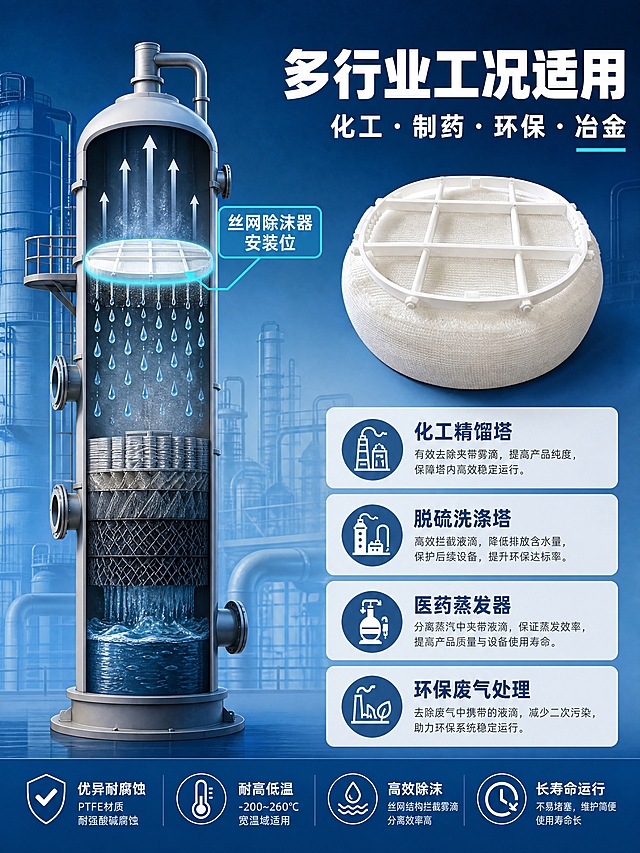 [商品] 使用【图1】聚四氟乙烯PTFE四氟丝网除沫器；保留圆形结构、白色丝网编织体、格栅压圈、纯白颜色；产品为塔内气液分离器件，水平安装于塔体中部。
[画面] 目标为工况应用场景展示，左图右文构图：左侧为工业洗涤塔/脱硫塔剖面示意图，标注除沫器安装位置在塔体上部气液分离段，塔内有上升气流和下落液滴示意；右侧放产品实物图（占比约30%）+ 适用行业列表；阅读动线从左塔器示意到右产品与文字。
[视觉] 套系策略：风格=工业科技商业摄影风；标题字=粗黑无衬线工业字体；正文字=简洁无衬线体；主色=工业蓝+纯白；背景延展=中蓝到浅蓝工业渐变背景，带管道和塔器轮廓剪影；强调色=亮青色，仅用于安装位置标注箭头和重点标签；标题色=白色/深工业蓝；正文色=浅灰蓝；组件=工业线稿塔器示意图、箭头引线、行业icon卡；光影=冷调工业光，塔器示意有层次。
[文字] 右上主标题「多行业工况适用」7字，副标题「化工·制药·环保·冶金」8字；下方4个行业应用卡：化工精馏塔、脱硫洗涤塔、医药蒸发器、环保废气处理；每个配小icon和短说明；左侧塔图标注「丝网除沫器安装位」箭头指向。
[规格] 图片比例3:4竖版，4K分辨率，负向提示：避免变形、错字、文字过小、卡通场景、非工业建筑、颜色偏差。