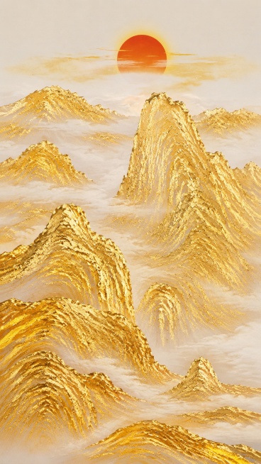 参考原图风格，金箔流线山峦，山峦内部是流线金箔褶皱，分层云雾留白，竖长纵向山水，顶部朱砂红日，改变山峦的构造和位置，生成新的同风格装饰画预览效果