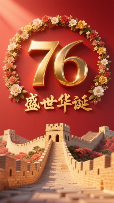 主题描述：十月一日视觉设计，画面中心上方金色立体行楷大字"76"，下方金色行楷小字"盛世华诞“，环形花卉组合环绕长城浮雕，纯正红色背景配多维光影。美学要素：3D金属质感文字零误差，长城纹样与花卉比例1预览效果