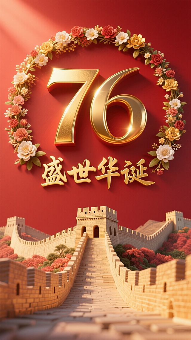 鎏金3D数字“76”配花环，浮雕长城呼应古典中式美学，金属质感与喜庆红背景交织，营造盛世华诞的庄重与欢庆氛围。