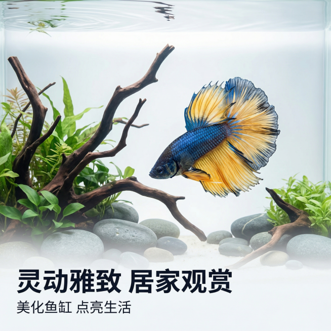[主图 5] 斗鱼游动动态展示
[氛围风格] 自然水族场景，中国风简约设计，真实生动
[画面元素] 商业摄影质感、光线柔和通透、产品清晰真实、画面干净高级。斗鱼在干净的新中式造景鱼缸中缓缓游动，背景搭预览效果