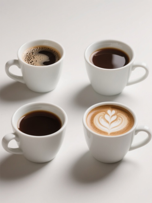 一张设计成规整排布的4个咖啡杯素材的图片，保持超写实的摄影风格，主色调为白色瓷杯和深棕色咖啡，搭配柔和的顶部光源，形成自然的高光和细腻的阴影，展现出瓷杯光滑的质感和咖啡表面丰富的泡沫纹理，每个咖啡杯拥有不同的造型样式，包括杯型、杯柄设计和咖啡拉花图案，整体采用纯色背景，无任何文字、logo和水印，画面简洁干净，突出咖啡杯的细节和质感。预览效果