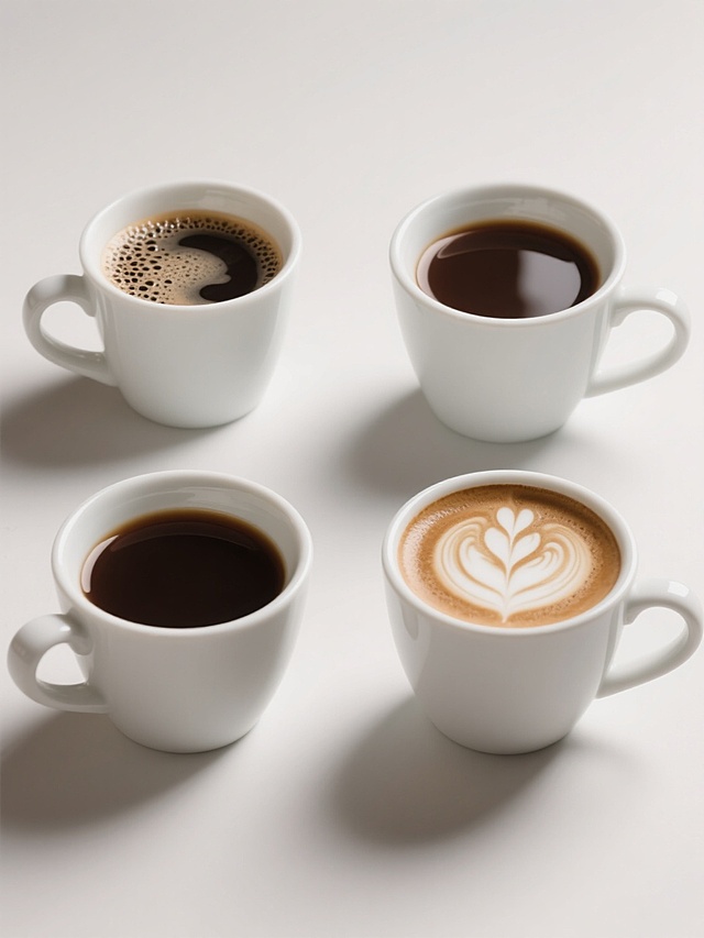 一张设计成规整排布的4个咖啡杯素材的图片，保持超写实的摄影风格，主色调为白色瓷杯和深棕色咖啡，搭配柔和的顶部光源，形成自然的高光和细腻的阴影，展现出瓷杯光滑的质感和咖啡表面丰富的泡沫纹理，每个咖啡杯拥有不同的造型样式，包括杯型、杯柄设计和咖啡拉花图案，整体采用纯色背景，无任何文字、logo和水印，画面简洁干净，突出咖啡杯的细节和质感。