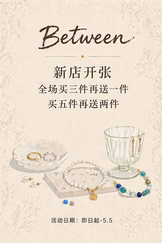 重新生成这张海报，修复文字乱码问题，保证所有文字正确清晰：顶部店名"Between"，三行促销文案正确为新店开张、全场买三件再送一件、买五件再送两件，底部"活动日期：即日起-5.5"，所有文字不能错乱，保证是正常可识别的汉字。保持整体设计不变：暖米黄色浅植物底纹背景、珍珠金银戒指捷克珠首饰陈设、简约手绘风格不变，生成符合90cm×60cm、300DPI印刷要求的大尺寸高清海报