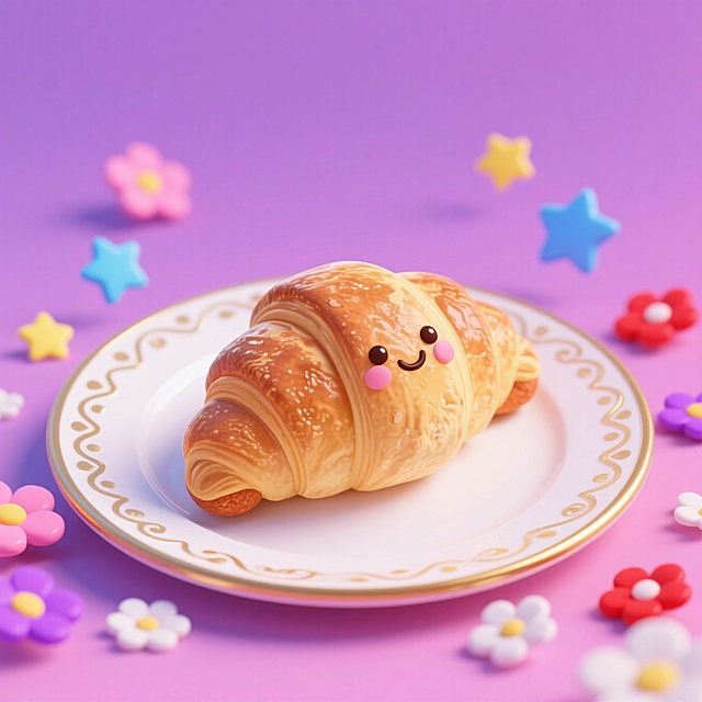 一个可颂放在盘子上，周围有可爱的星星、小花元素点缀