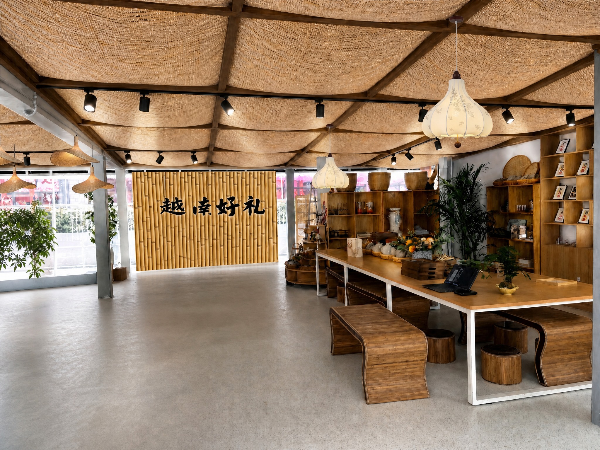 保留图中所有家具、装饰、灯具、天花板草编吊顶、竹帘背景、木质货… - 图片创意预览