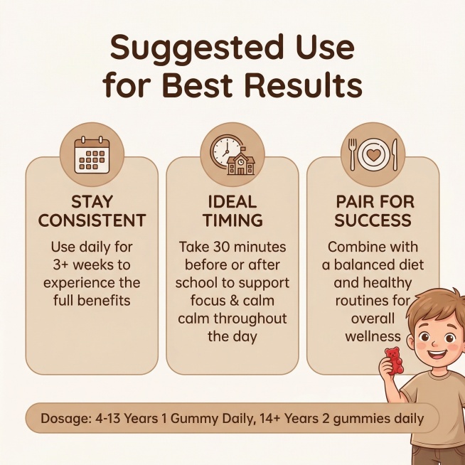 藏红花情绪软糖服用说明主图，奶咖色主色调，温馨童趣设计风格，主标题 "Suggested Use for Best Results"，内容包含三个服用要点：STAY CONSISTENT Use da预览效果
