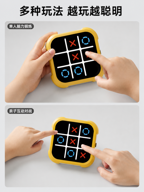 「图片1」，生成一套主图（5张），商品名称是电子井字棋九宫格，卖点是思维训练按按乐，风格是益智简约风，适配淘宝/天猫平台，主图比例为3:4预览效果