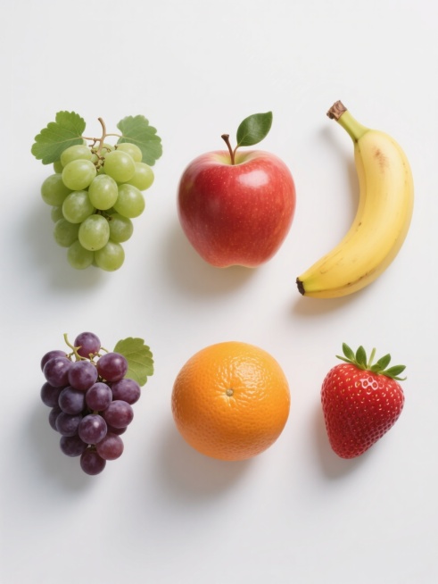 白色背景上，6个不同水果元素的系列素材集合规整排布，每个水果都采用超写实摄影风格，具有清晰的纹理细节、高饱和度的自然色彩、柔和的自然光照明效果，以及明显的高光和阴影层次，水果形态饱满，保留葡萄原图中的绿叶搭配，整体构图简洁，视觉层级分明，信息传达高效，符合生鲜食品宣传海报的设计感，6个水果分别为：一串青提配绿叶、一个红苹果带叶子、一根黄香蕉带果柄、一个紫葡萄串带嫩叶、一个橙子带果皮纹理、一个草……预览效果