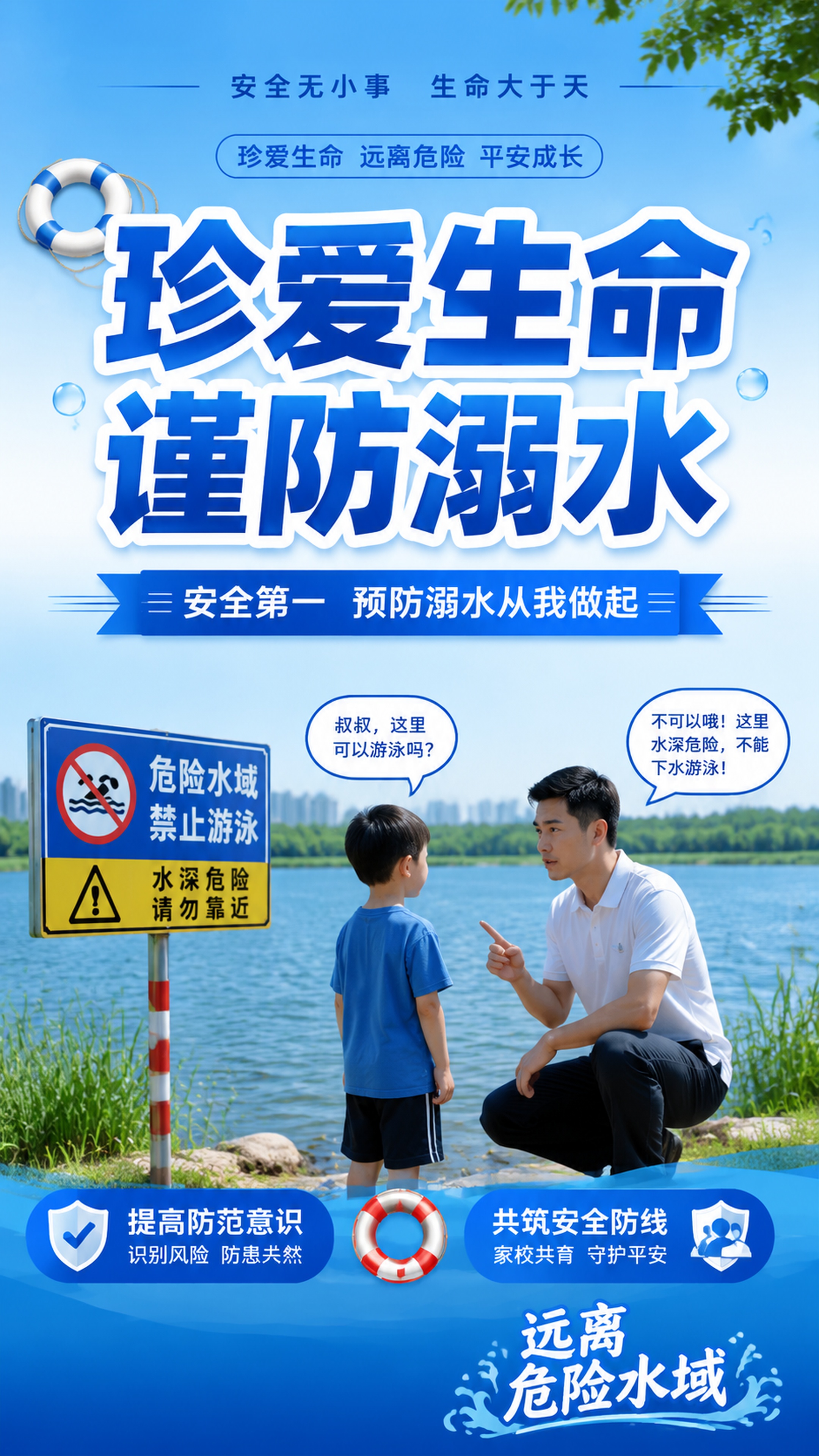 防溺水安全宣传海报，蓝色为主色调，写实宣传风格。主标题文字"珍… - 图片创意预览