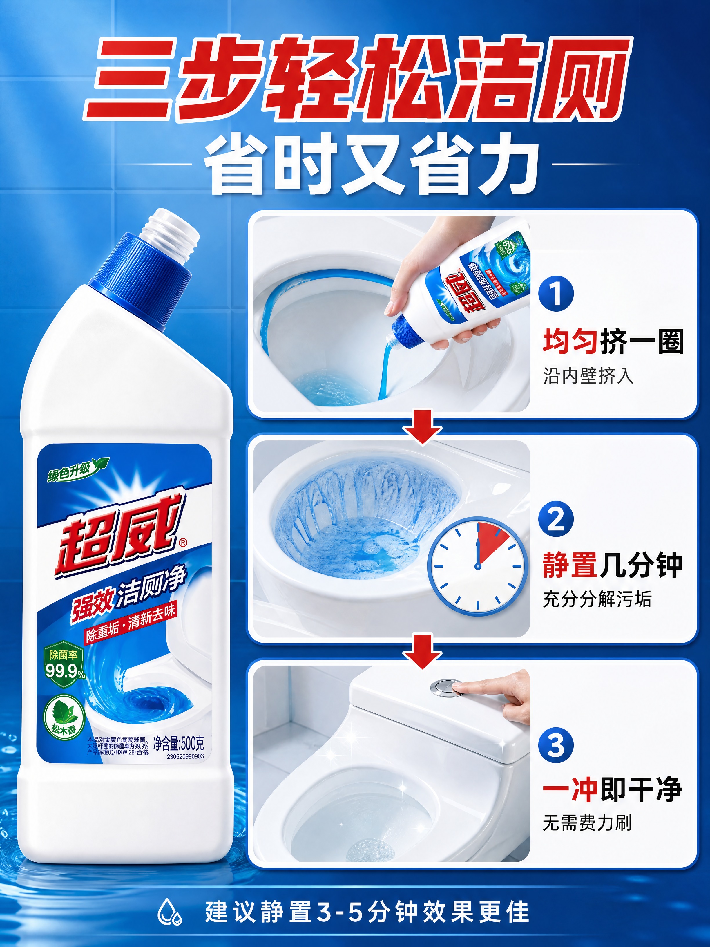 [商品] 使用【图1】超威强效洁厕净单瓶；保留白色瓶身、蓝色旋… - 图片创意预览