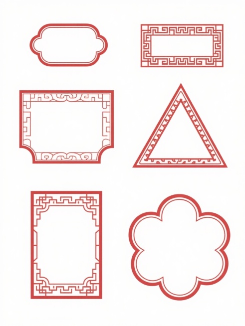 白色背景上排列六个中国风传统红色线条边框，融合祥云纹、回纹、如意纹等经典中式纹样，每个边框形态各异（包含圆角矩形、梯形、花瓣形等变体），线条纤细流畅且保持均匀粗细，整体构图对称平衡，边框内部留白充足，呈现典雅庄重的传统装饰美学，兼具古典韵味与简洁设计感。预览效果