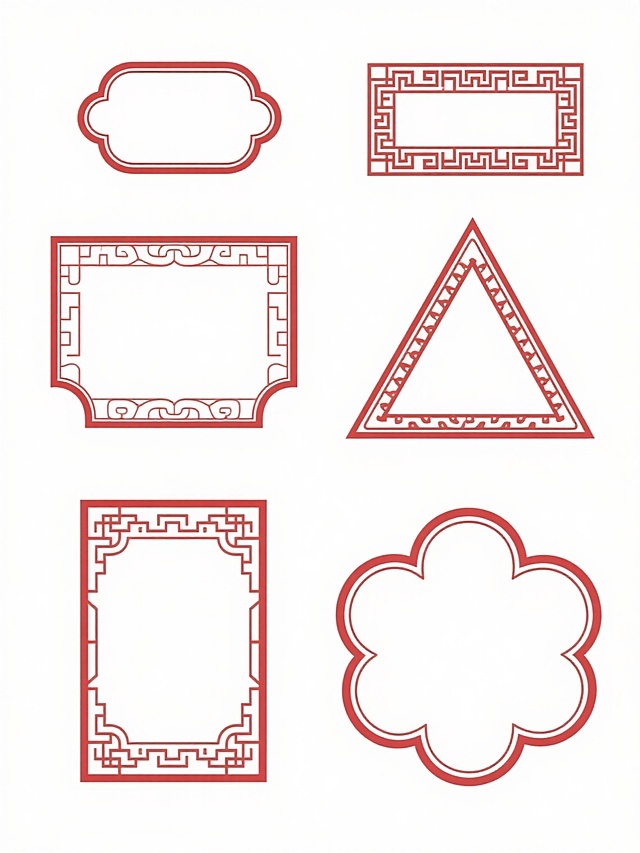 白色背景上排列六个中国风传统红色线条边框，融合祥云纹、回纹、如意纹等经典中式纹样，每个边框形态各异（包含圆角矩形、梯形、花瓣形等变体），线条纤细流畅且保持均匀粗细，整体构图对称平衡，边框内部留白充足，呈现典雅庄重的传统装饰美学，兼具古典韵味与简洁设计感。