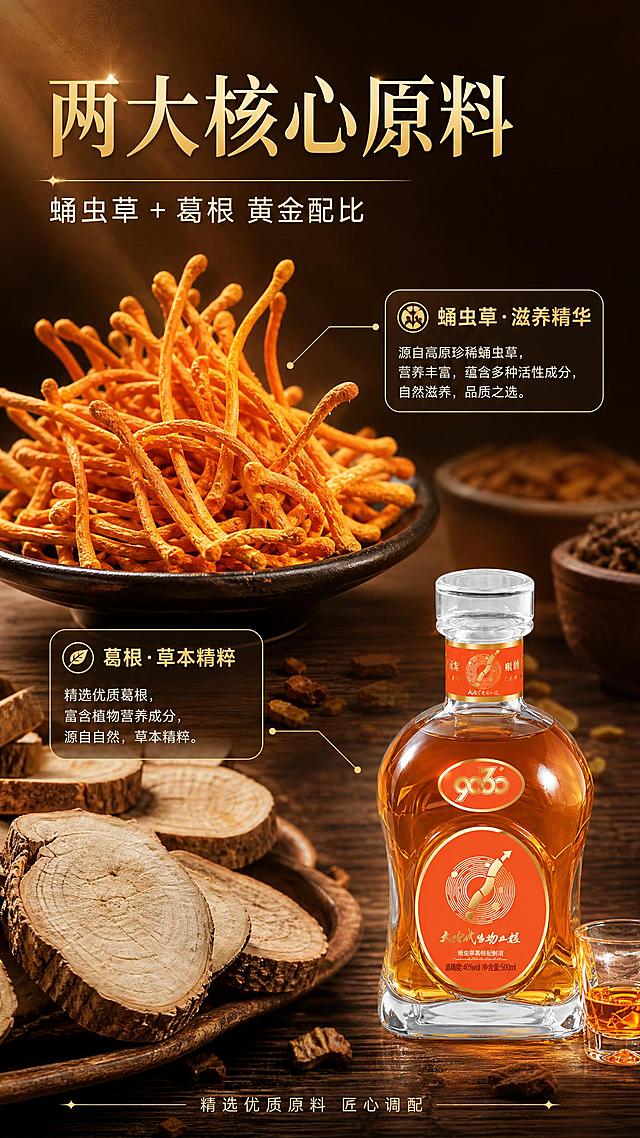 [商品] 使用【图1】9060蛹虫草葛根配制酒，置于画面右下角作为辅助展示，约占画面20%；保留瓶身结构、橙红标签、金色Logo和文字，清晰可辨。
[画面] 目标：成分原料专页，突出蛹虫草和葛根两大核心原料。构图：左上大标题区，中部和左下为原料微距主视觉，右下角放置产品瓶身。蛹虫草特写占画面约35%（左上偏中位置），葛根切片特写占画面约30%（左下位置），两大原料合计占主视觉≥50%；背景为暖棕色木质纹理桌面，散落少量原料颗粒。前中后景层次分明：前景原料特写、中景产品瓶、后景虚化原料铺陈。
[视觉] 套系策略：风格=高端轻奢商业摄影风；标题字=粗衬线宋体+烫金字效；正文字=简洁无衬线体；主色=暖金+橙红+深棕；背景延展=深棕底色叠加暖金色光晕渐变、细腻暗纹质感；强调色=亮金色，仅用于小面积图标、引线、标签和高光；标题色=烫金渐变；正文色=米白暖灰；组件=圆角金线信息卡、细金引线；光影=左前侧暖柔光，右侧轮廓光，瓶身有明显高光反射。
[文字] 左上主标题"两大核心原料"，副标题"蛹虫草 + 葛根 黄金配比"；蛹虫草旁配说明卡"蛹虫草·滋养精华"，葛根旁配说明卡"葛根·草本精粹"；底部一行小字说明"精选优质原料 匠心调配"；全部文字横排，不遮挡原料主体。
[规格] 图片比例9:16竖版，4K，负向提示：避免变形、错字、文字过小、冷蓝背景、原料失真、医疗功效承诺、原料只做小icon点缀。