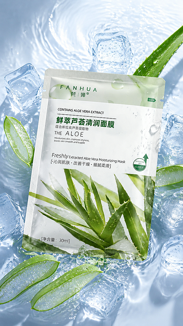 浅蓝灰色渐变背景，梵嬅鲜萃芦荟清润面膜单包特写，周围环绕着透明冰块、流动的水波纹和新鲜芦荟切片，冷调柔光打在面膜上，水珠清晰可见，整体清透冰爽，充满夏日降温感，突出产品的舒缓补水属性，高清8K，超写实，细节拉满