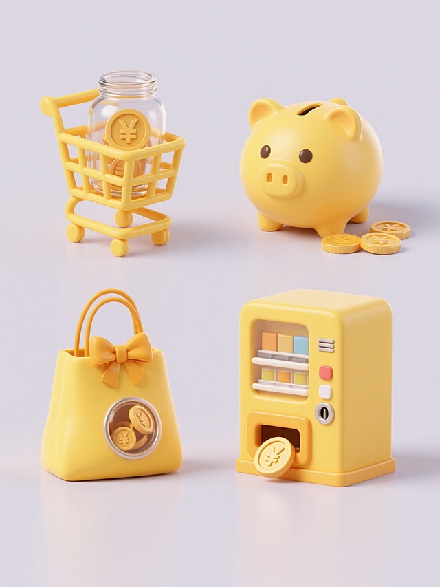 一套4个不同造型的3D渲染充值元素系列素材，均采用明亮的黄色与米黄色为主色调，圆润可爱的卡通风格，纯色背景，柔和均匀的光影，高光细节丰富，材质表现为光滑塑料与透明玻璃质感。第一个造型：黄色购物车装着透明玻璃罐，罐内有带日元符号的金币；第二个造型：黄色存钱罐顶部有投币口，旁边散落三枚金币；第三个造型：黄色手提袋内露出半罐金币，袋口系着蝴蝶结；第四个造型：黄色自动售货机，出货口滚出一枚金币，机器上有投币口和商品按钮。四个元素规整排列，无任何文字，保持统一的可爱3D风格与充值主题。