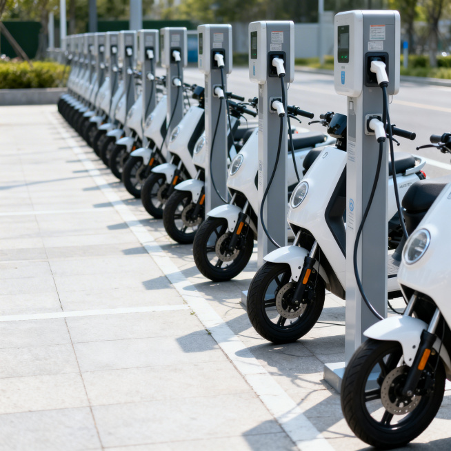 成排的电动自行车整齐排列在充电桩旁充电，户外公共充电场景，画面干净清晰，完整展示整齐排列的充电电动车与充电桩预览效果
