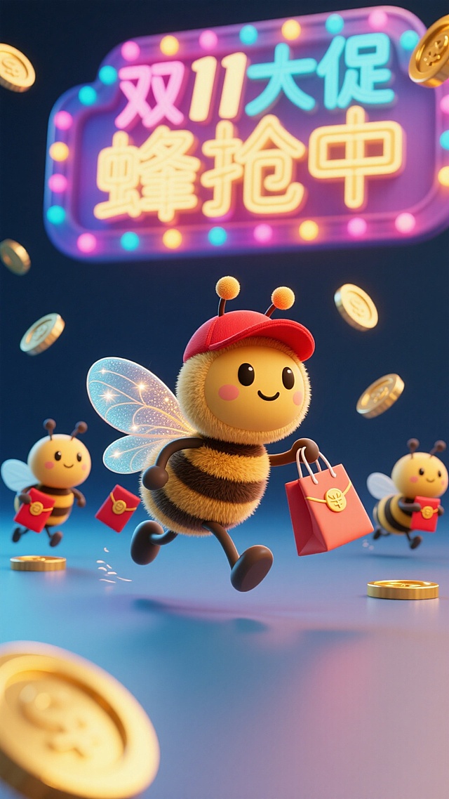 主视觉为带着红帽子的蜜蜂提着购物袋冲出画面，背后跟着3只拿着红包袋的小蜜蜂，正面视角，背景金币、红包、放射线点缀，画面下方为3D文字灯牌“双11大促 蜂抢中”